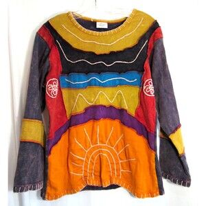 Greater Good Network Multicolored Embroidered Sun Long Sleeve Shirt L/XL EUC